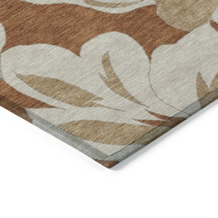 8' X 10' Terra Cotta And Beige Floral Washable Indoor Outdoor Area Rug
