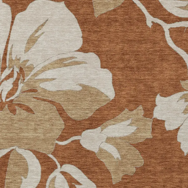 10' X 14' Terra Cotta And Beige Floral Washable Indoor Outdoor Area Rug
