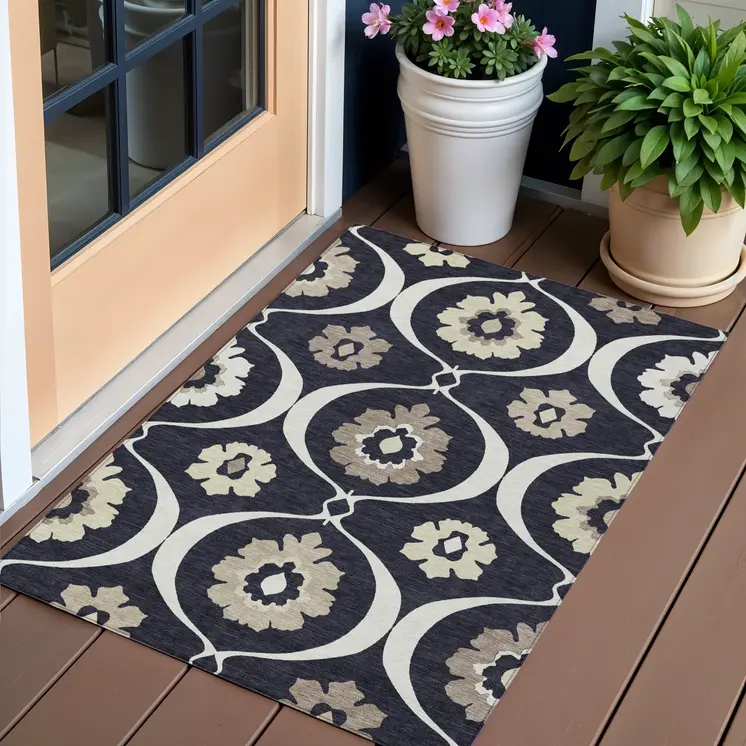 3' X 5' Black Ivory And Taupe Medallion Washable Indoor Outdoor Area Rug