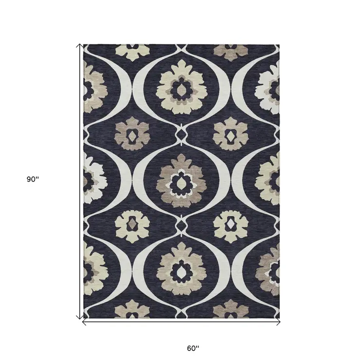 5' X 8' Black Ivory And Taupe Medallion Washable Indoor Outdoor Area Rug