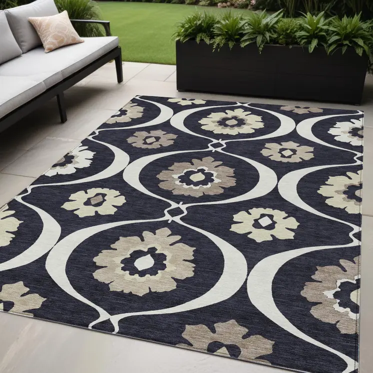 5' X 8' Black Ivory And Taupe Medallion Washable Indoor Outdoor Area Rug