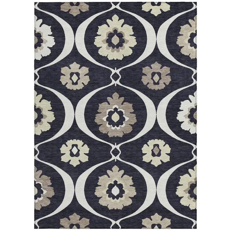 5' X 8' Black Ivory And Taupe Medallion Washable Indoor Outdoor Area Rug