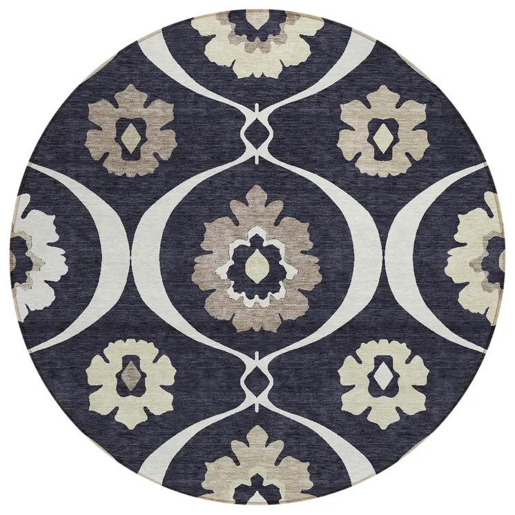 8' Black Ivory And Taupe Round Medallion Washable Indoor Outdoor Area Rug