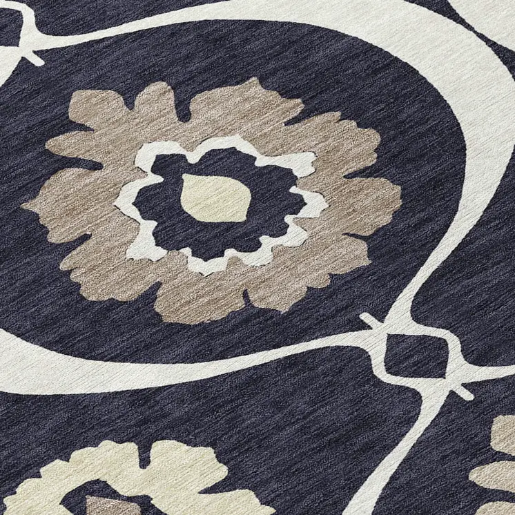 8' Black Ivory And Taupe Round Medallion Washable Indoor Outdoor Area Rug