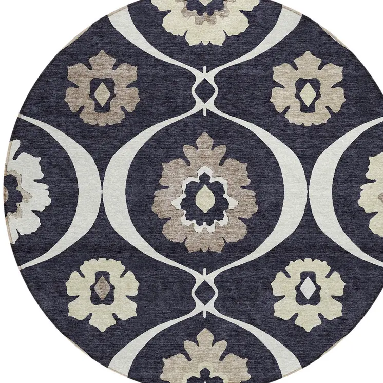 8' Black Ivory And Taupe Round Medallion Washable Indoor Outdoor Area Rug