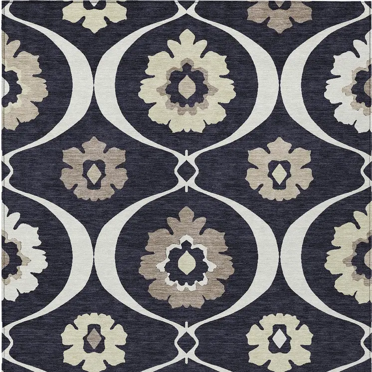 8' X 10' Black Ivory And Taupe Medallion Washable Indoor Outdoor Area Rug