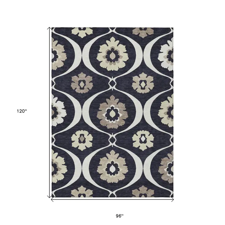 8' X 10' Black Ivory And Taupe Medallion Washable Indoor Outdoor Area Rug