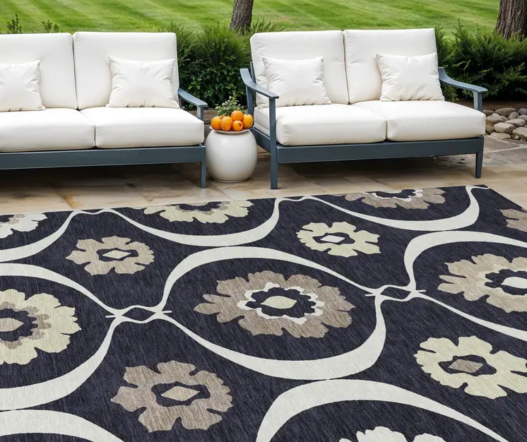 8' X 10' Black Ivory And Taupe Medallion Washable Indoor Outdoor Area Rug