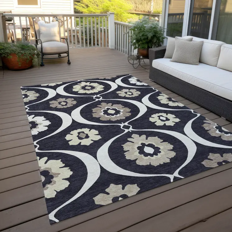 8' X 10' Black Ivory And Taupe Medallion Washable Indoor Outdoor Area Rug
