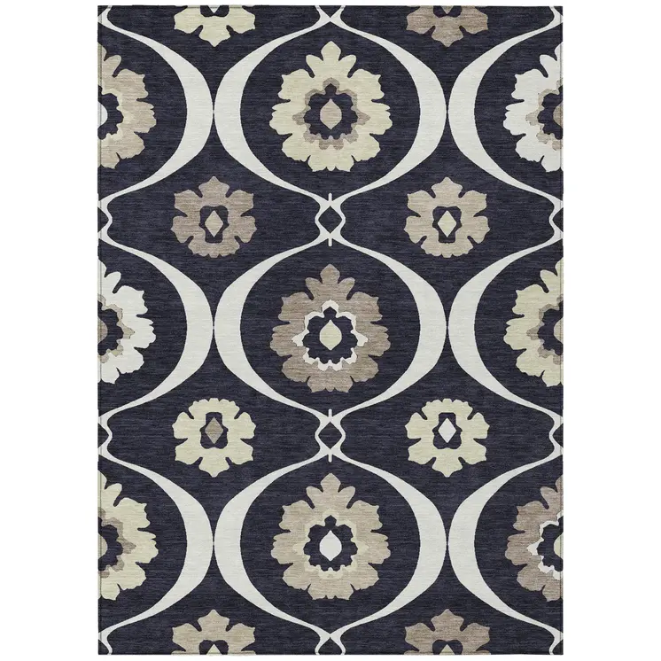 8' X 10' Black Ivory And Taupe Medallion Washable Indoor Outdoor Area Rug