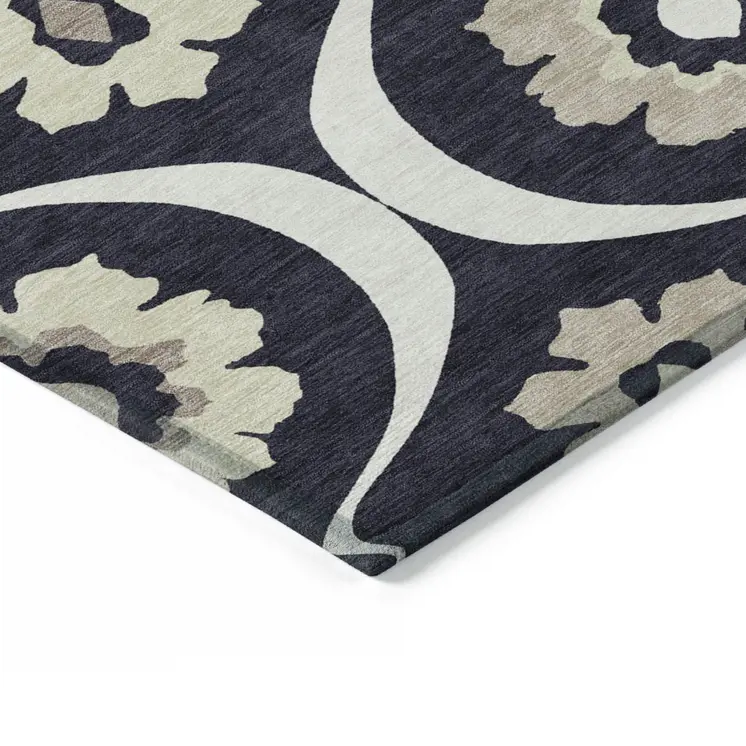8' X 10' Black Ivory And Taupe Medallion Washable Indoor Outdoor Area Rug