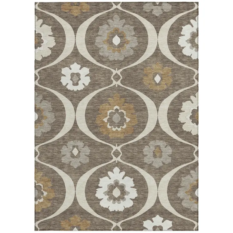 5' X 8' Brown Beige And Taupe Medallion Washable Indoor Outdoor Area Rug