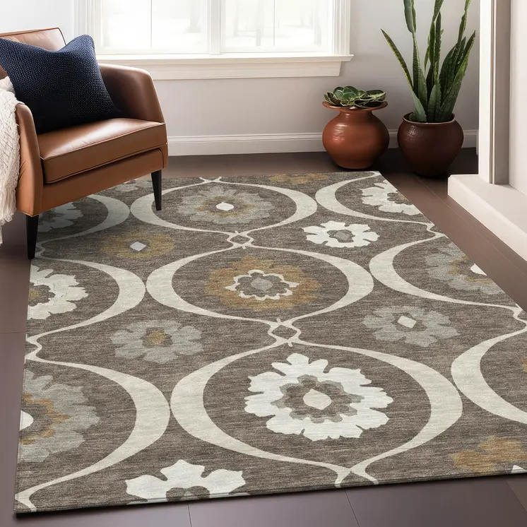 5' X 8' Brown Beige And Taupe Medallion Washable Indoor Outdoor Area Rug