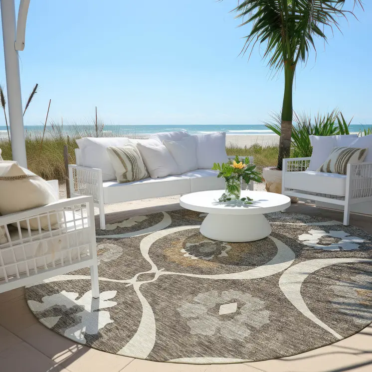 8' Brown Beige And Taupe Round Medallion Washable Indoor Outdoor Area Rug