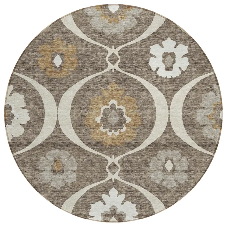 8' Brown Beige And Taupe Round Medallion Washable Indoor Outdoor Area Rug