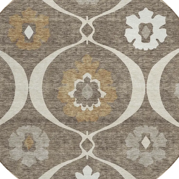 8' Brown Beige And Taupe Round Medallion Washable Indoor Outdoor Area Rug