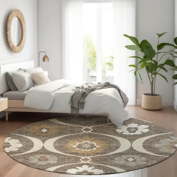 8' Brown Beige And Taupe Round Medallion Washable Indoor Outdoor Area Rug