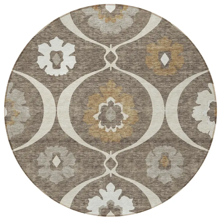 8' Brown Beige And Taupe Round Medallion Washable Indoor Outdoor Area Rug