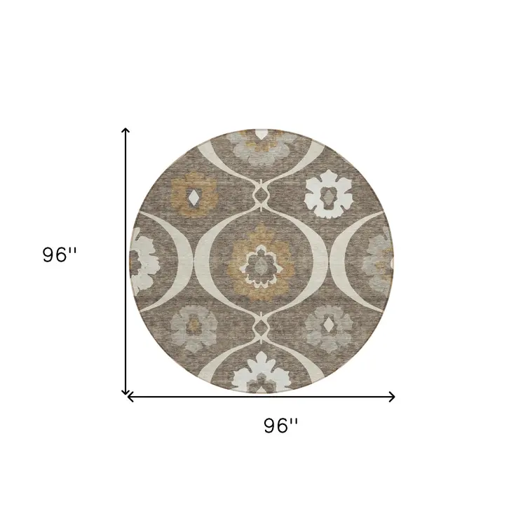 8' Brown Beige And Taupe Round Medallion Washable Indoor Outdoor Area Rug