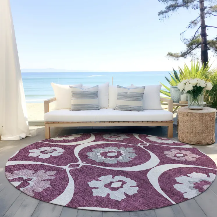 8' Eggplant Ivory And Gray Round Medallion Washable Indoor Outdoor Area Rug