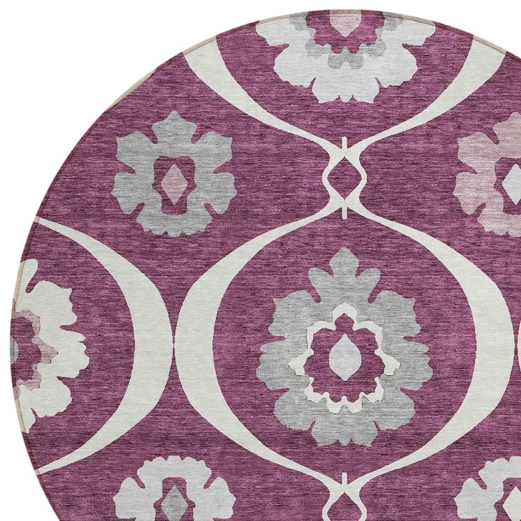 8' Eggplant Ivory And Gray Round Medallion Washable Indoor Outdoor Area Rug