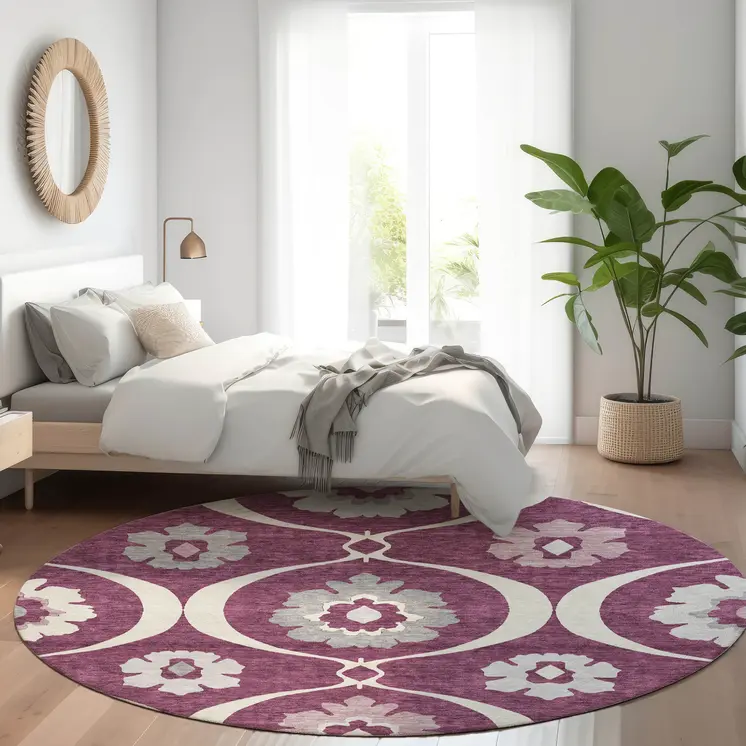 8' Eggplant Ivory And Gray Round Medallion Washable Indoor Outdoor Area Rug