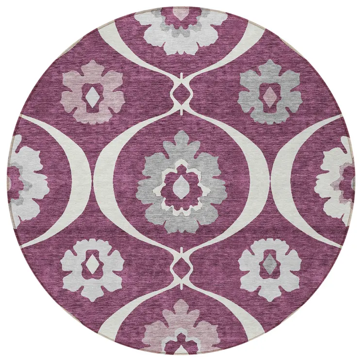 8' Eggplant Ivory And Gray Round Medallion Washable Indoor Outdoor Area Rug