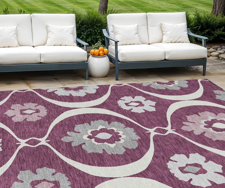 8' X 10' Eggplant Ivory And Gray Medallion Washable Indoor Outdoor Area Rug