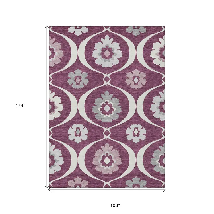 9' X 12' Eggplant Ivory And Gray Medallion Washable Indoor Outdoor Area Rug