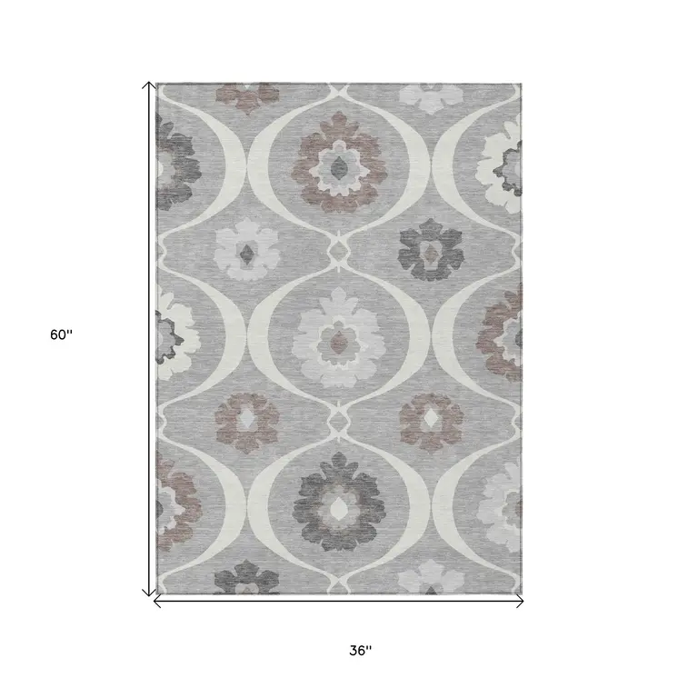 3' X 5' Gray Charcoal And Brown Medallion Washable Indoor Outdoor Area Rug