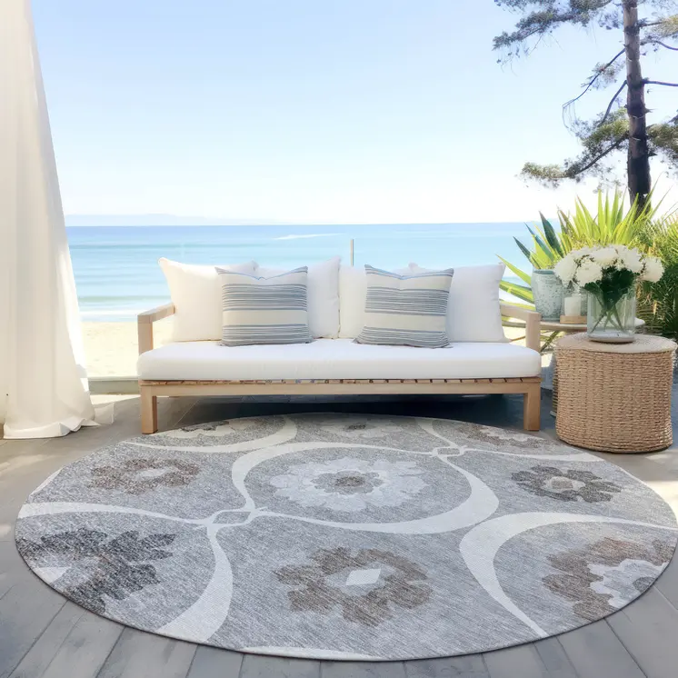 8' Gray Charcoal And Brown Round Medallion Washable Indoor Outdoor Area Rug