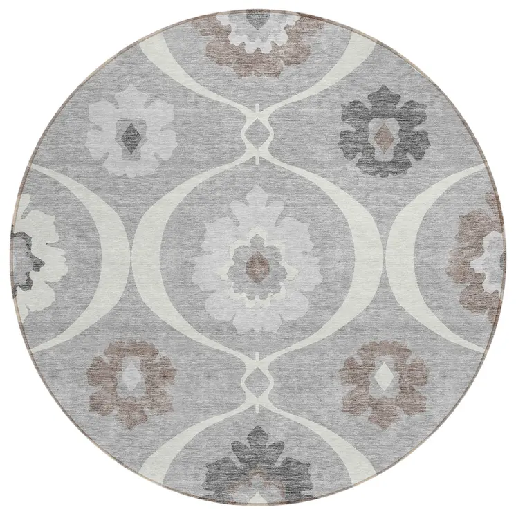 8' Gray Charcoal And Brown Round Medallion Washable Indoor Outdoor Area Rug