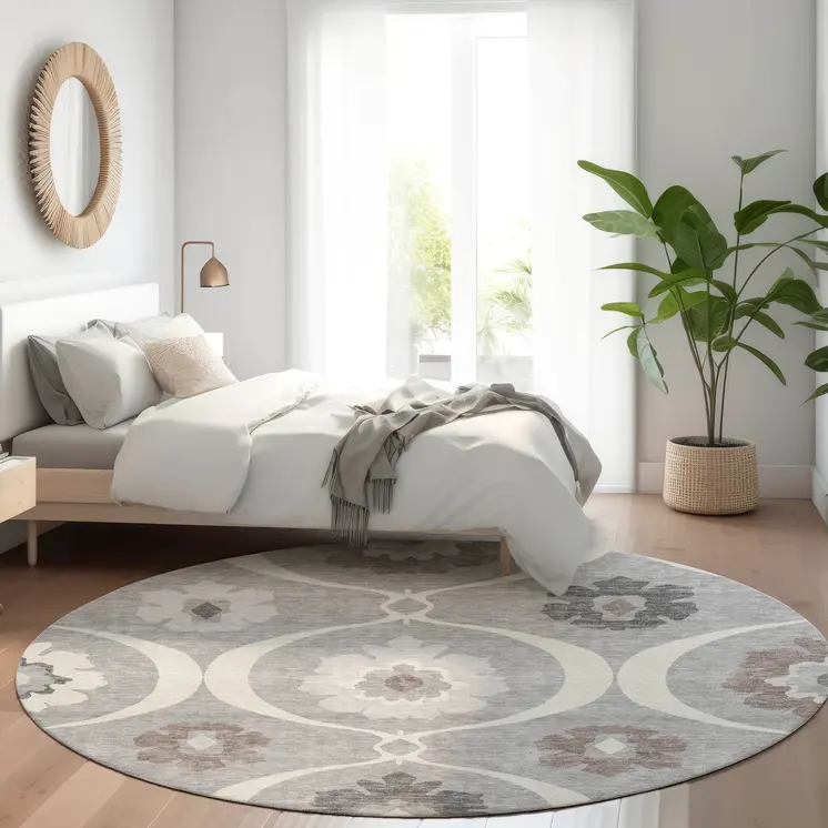 8' Gray Charcoal And Brown Round Medallion Washable Indoor Outdoor Area Rug