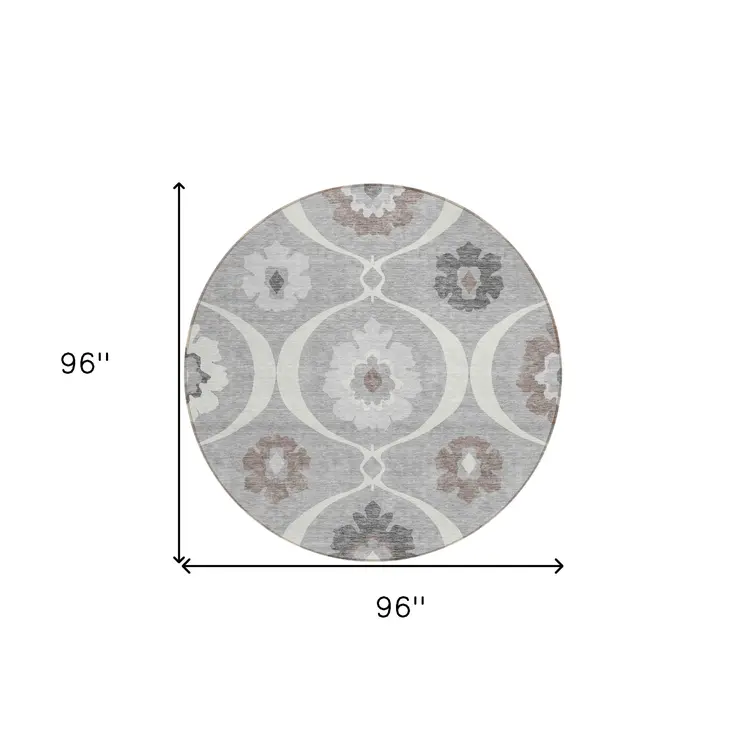 8' Gray Charcoal And Brown Round Medallion Washable Indoor Outdoor Area Rug