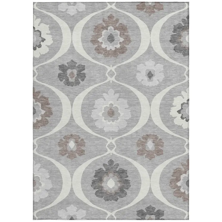 9' X 12' Gray Charcoal And Brown Medallion Washable Indoor Outdoor Area Rug