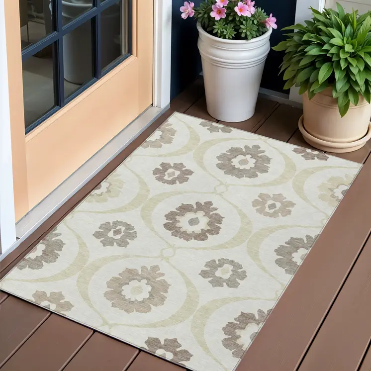 3' X 5' Ivory Taupe And Brown Medallion Washable Indoor Outdoor Area Rug