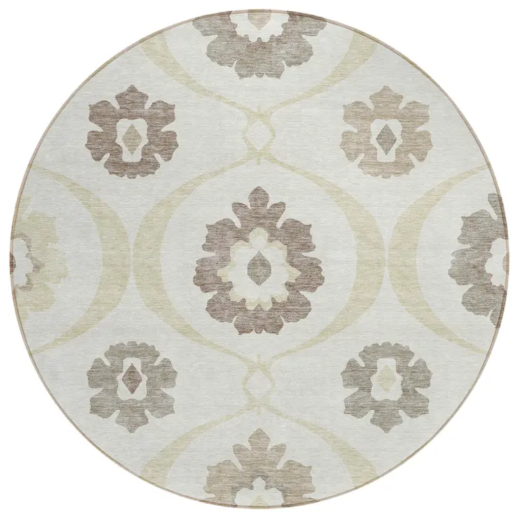 8' Ivory Taupe And Brown Round Medallion Washable Indoor Outdoor Area Rug