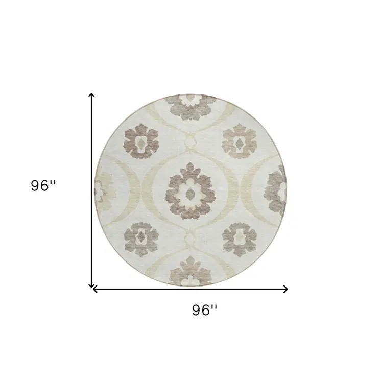 8' Ivory Taupe And Brown Round Medallion Washable Indoor Outdoor Area Rug