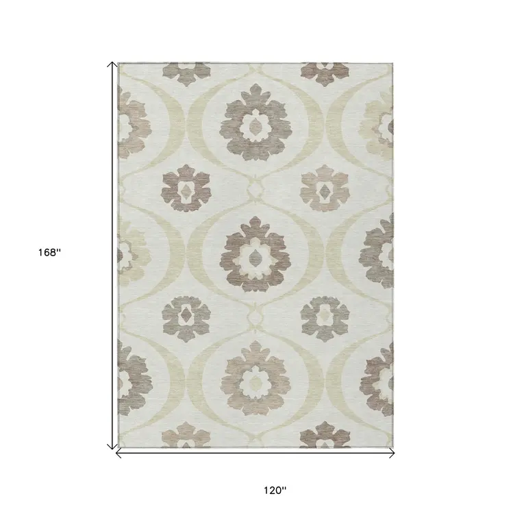 10' X 14' Ivory Taupe And Brown Medallion Washable Indoor Outdoor Area Rug