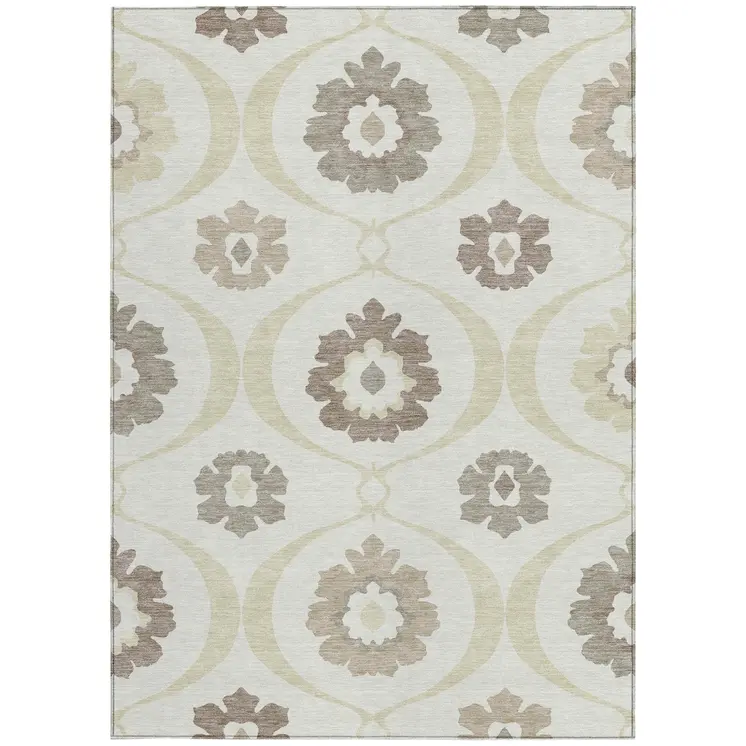 10' X 14' Ivory Taupe And Brown Medallion Washable Indoor Outdoor Area Rug