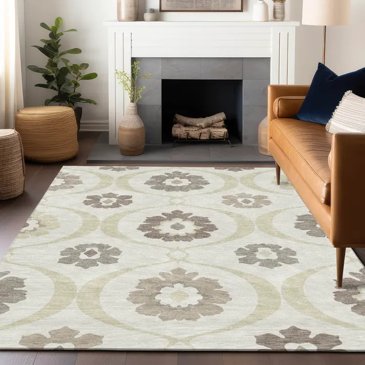 10' X 14' Ivory Taupe And Brown Medallion Washable Indoor Outdoor Area Rug