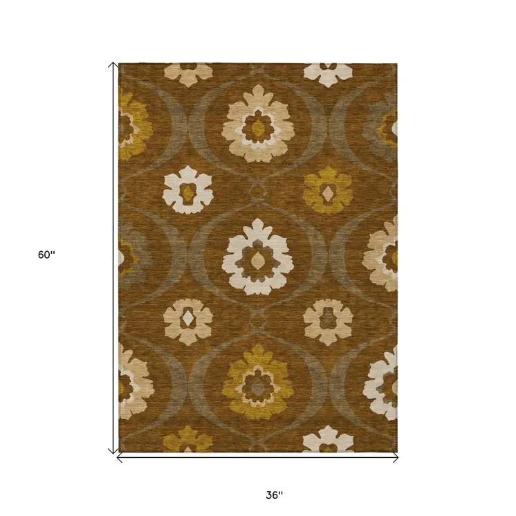 3' X 5' Brown Beige And Gold Medallion Washable Indoor Outdoor Area Rug