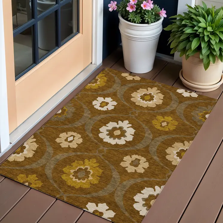 3' X 5' Brown Beige And Gold Medallion Washable Indoor Outdoor Area Rug
