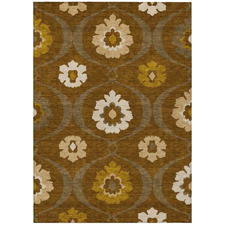3' X 5' Brown Beige And Gold Medallion Washable Indoor Outdoor Area Rug