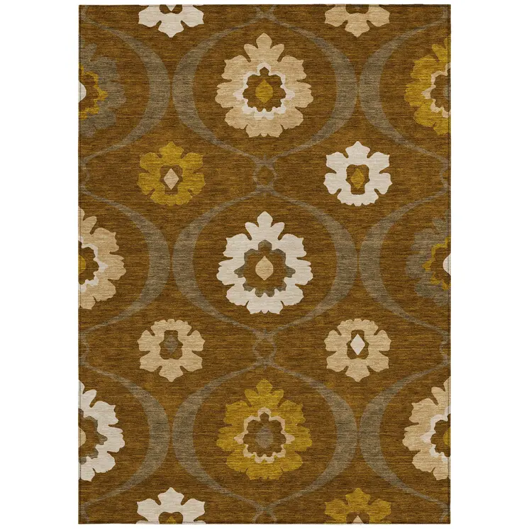 3' X 5' Brown Beige And Gold Medallion Washable Indoor Outdoor Area Rug