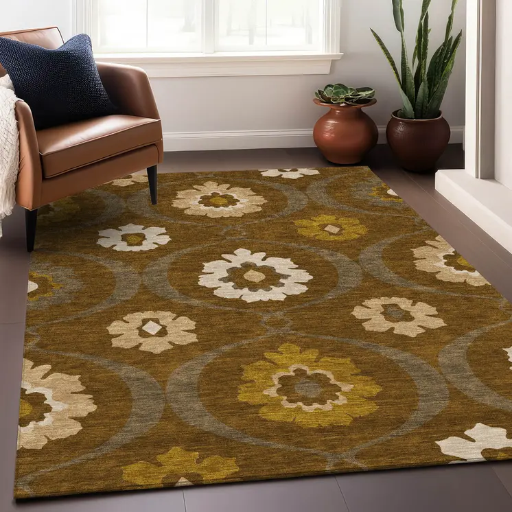 3' X 5' Brown Beige And Gold Medallion Washable Indoor Outdoor Area Rug