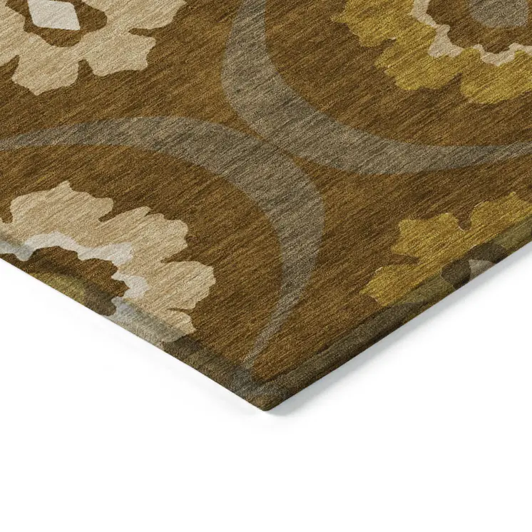 5' X 8' Brown Beige And Gold Medallion Washable Indoor Outdoor Area Rug