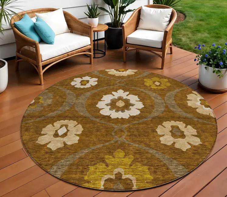 8' Brown Beige And Gold Round Medallion Washable Indoor Outdoor Area Rug