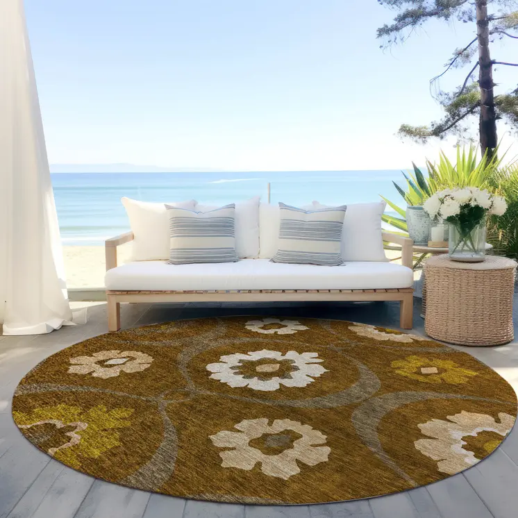 8' Brown Beige And Gold Round Medallion Washable Indoor Outdoor Area Rug