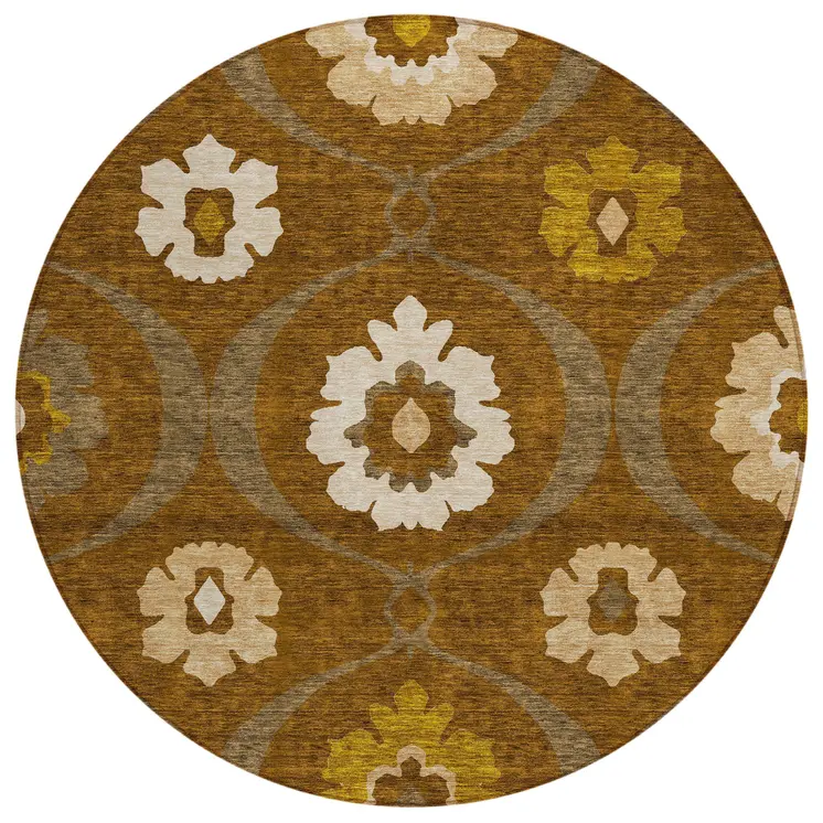 8' Brown Beige And Gold Round Medallion Washable Indoor Outdoor Area Rug